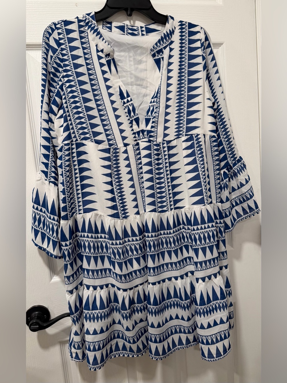 Geometric Print Pullover Mini Dress S Blue White Tiered Ruffle Detail Beach